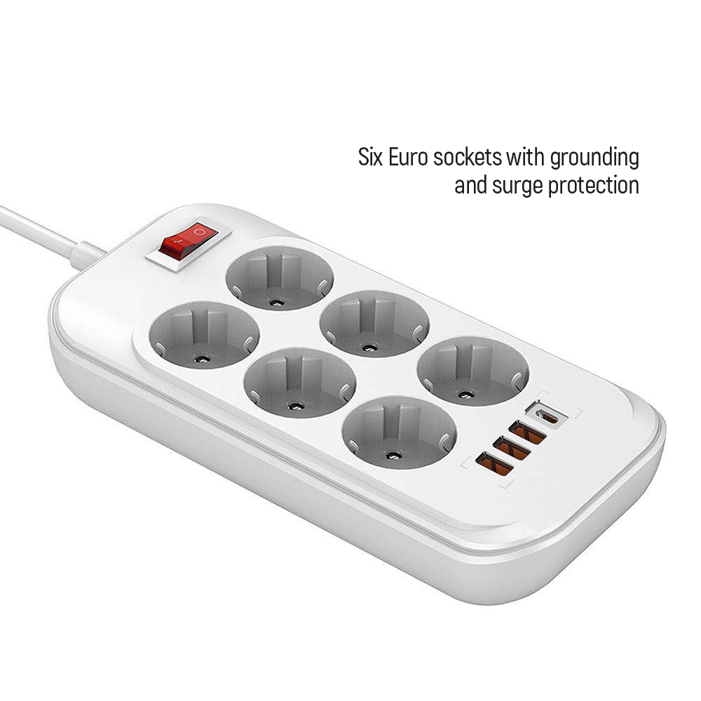ColorWay Predlžovací kábel, 6x 220V, 4x USB (Type-C PD 20W + 3USB QC3.0), 36W, 2m, biely (CW-CHE64PDW)