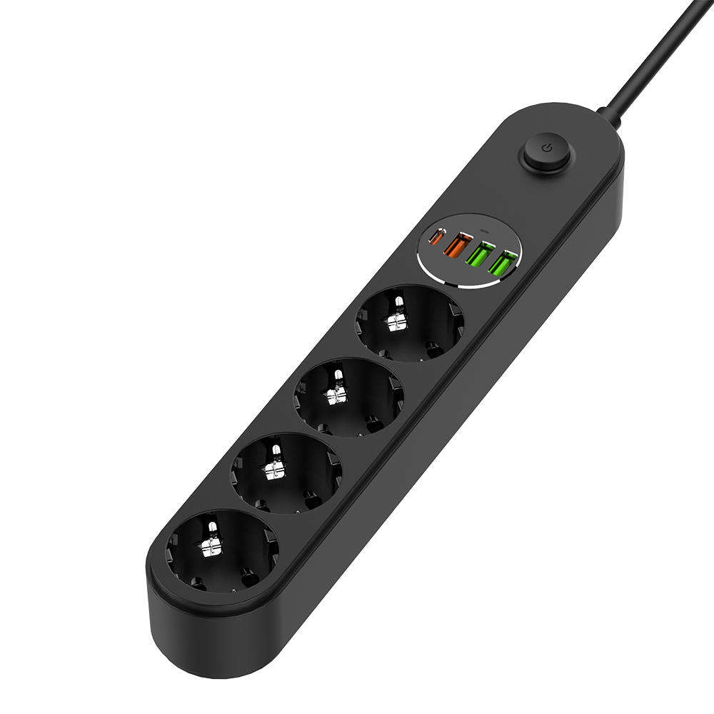 Predlžovací kábel ColorWay 4x 220V, 4x USB (Type-C PD20W + 3USB QC3.0) 45W, 2m, čierny (CW-CHE44PDB)
