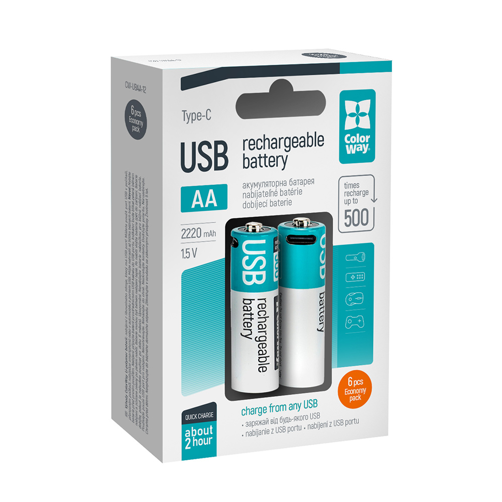 

Nabíjateľné batérie ColorWay AA USB Type-C 2220mAh 1.5V - 6ks (CW-UBAA-12)