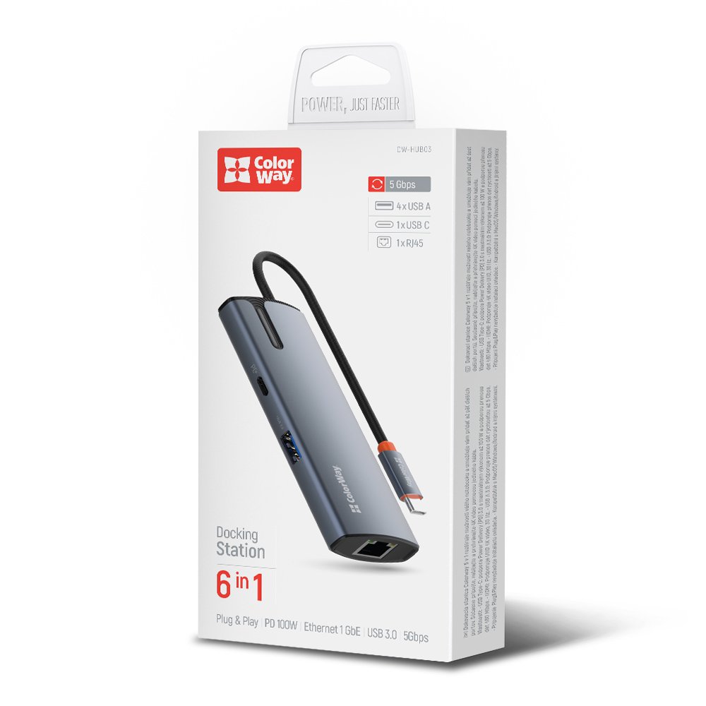 USB hub (dokovacia stanica) ColorWay USB-C 6v1 Type C PD 100W/USB3.0х3/USB2.0/RJ45 (CW-HUB03)