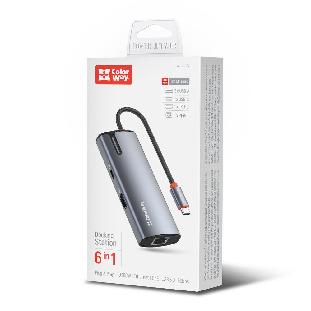 USB hub (dokovacia stanica) ColorWay USB-C 6v1 Type C PD 100W/USB3.0х3/HDMI 4К/RJ45 (CW-HUB02)
