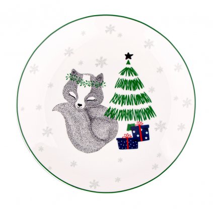 Porcelánový talíř s vánoční motivy s zeleným okrajem, 21 cm