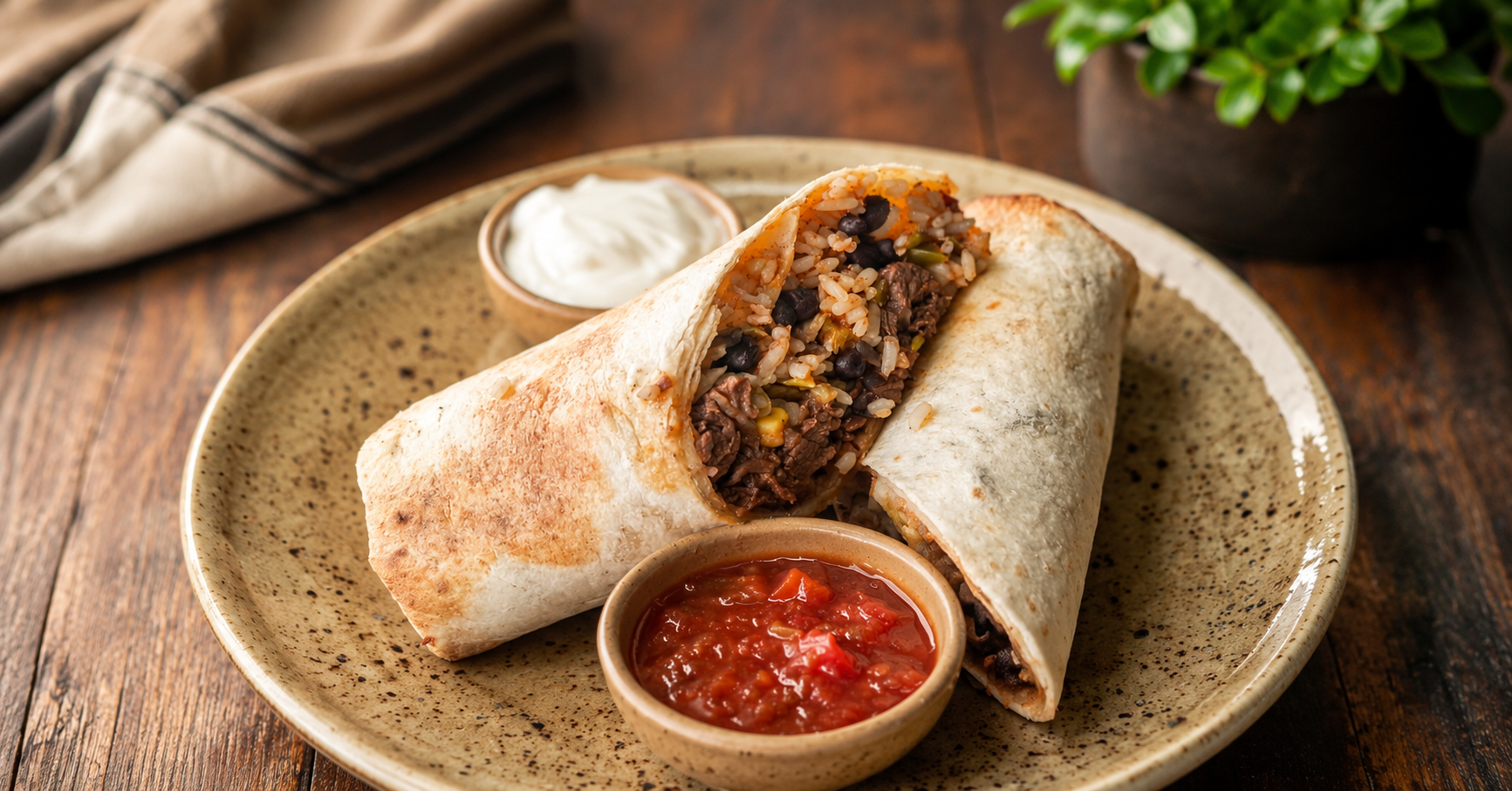 Domácí burrito se salsou a zakysanou smetanou na rustikálním talíři