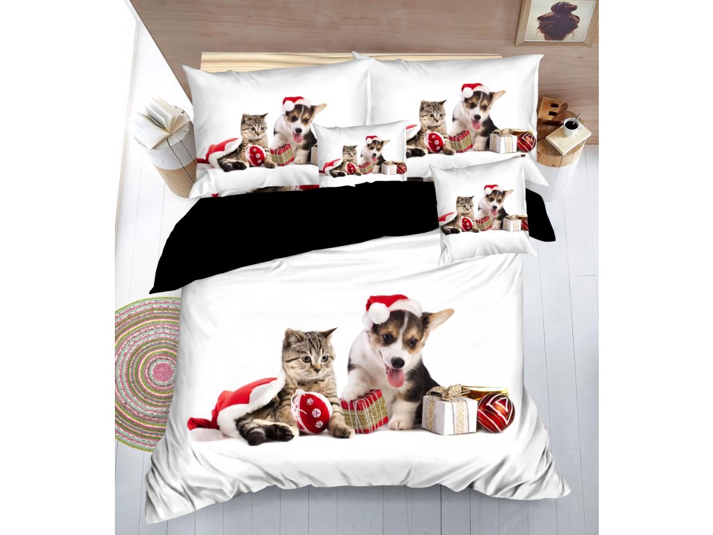 Lenjerie de pat 3D Caine și pisica, 7 piese | ComodAcasa.ro