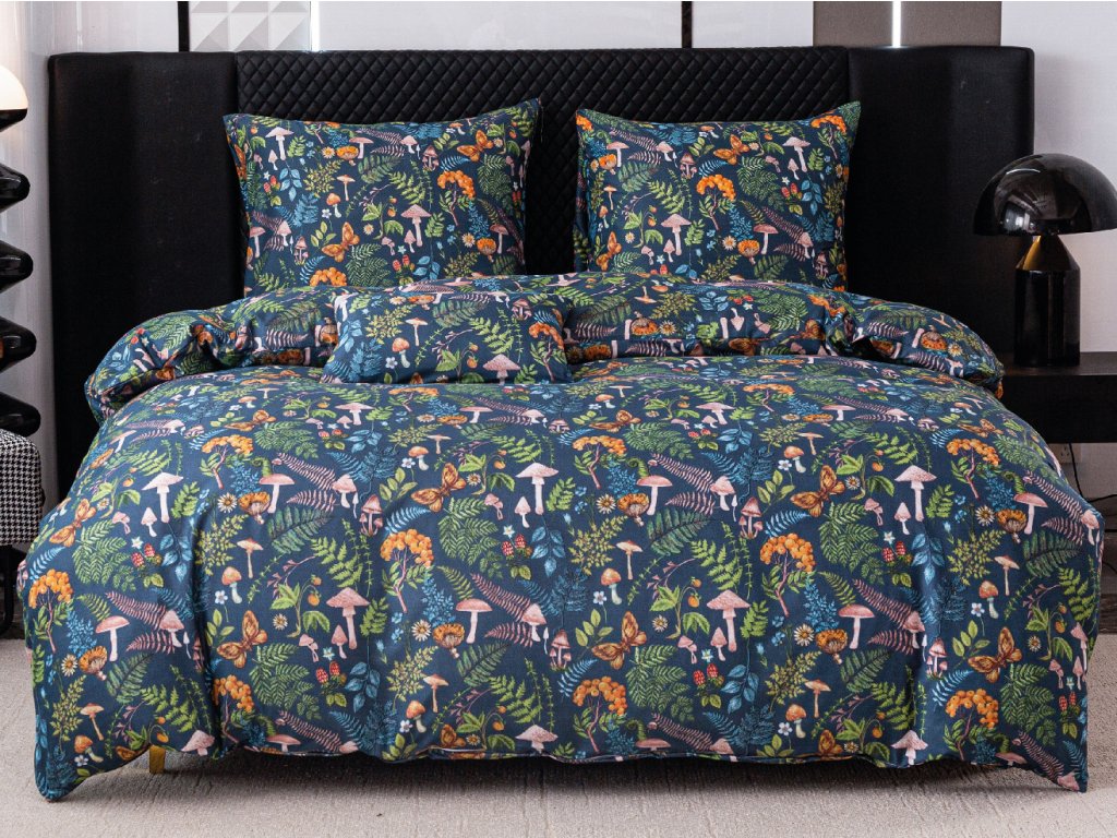 Stylové povlečení z mikrovlákna MUSHROOMS AND PLANTS barevné s houbami a rostlinami