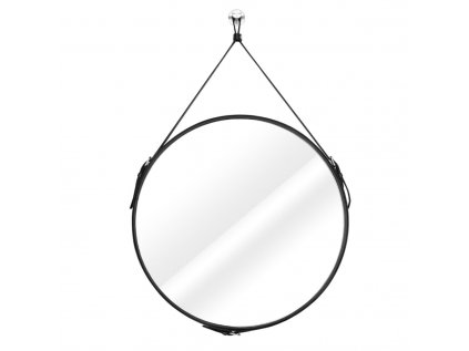 Černé kulaté zrcadlo s koženou rukojetí ESHA (Diametrul oglinzii 60 cm)