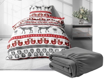 Lenjerie de pat flanel CHRISTMAS DEER AND GROUSE alb + cearsaf microplus SOFT 90x200 cm gri inchis