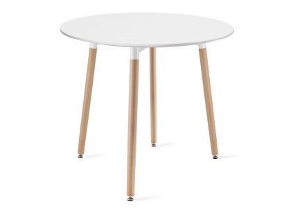 Moderní kulatý jídelní stůl KAMI s bílou deskou a přírodními bukovými nohami, průměr 80 cm, výška 74,5 cm, vhodný do menších prostor.