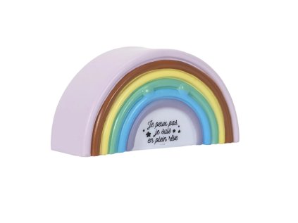 LED noční světlo DREAMBOW s nápisem „Je suis en plein rêve...“. Duhový design, provoz na baterie, ideální pro děti.