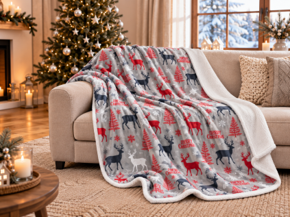 Vánoční mikroplyšová beránková deka MERRY CHRISTMAS DEER šedá