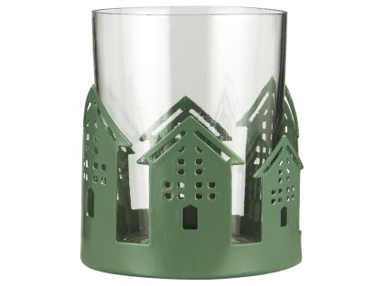 Skleněný svícen HOUSES Ø:7 cm zelený s designem domečků