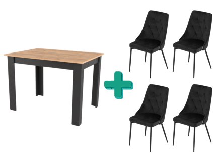 Jídelní set 1+4 MADO 120x80cm, černý stůl v dekoru dub zlatý a 4 černé sametové židle IMOLA pro moderní interiér