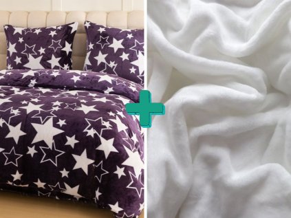Povlečení mikroplyš HVĚZDY fialové + bílé prostěradlo SOFT 90x200 cm