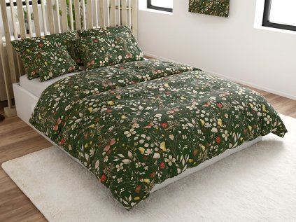 Povlečení z mikrovlákna COLORFUL MEADOW tmavě zelené s květinovým vzorem