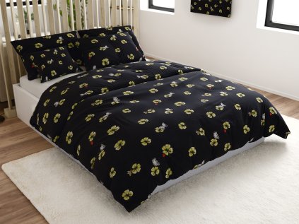 Povlečení FOUR LEAF CLOVER černé s motivem čtyřlístků pro štěstí