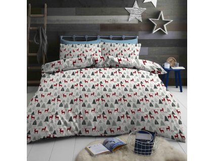 Flanelové povlečení RED DEERS AND TREES bílé – zimní motiv s jeleny a stromy