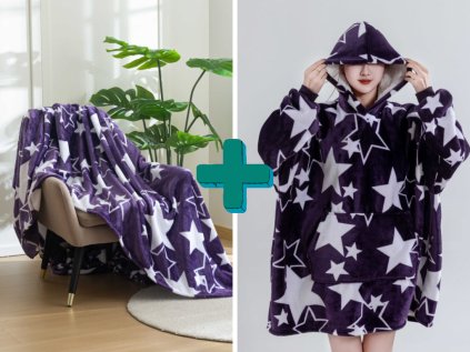 Dárková sada na pohovku HVĚZDY fialová s mikinovou a mikroplyšovou dekou