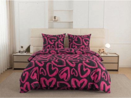 Povlečení z mikrovlákna AMORYS růžové s motivem srdcí na černém podkladu