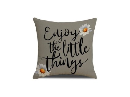 Povlak na polštář ENJOY THE LITTLE THINGS 45x45 cm, šedý s nápisem a kopretinami, praktický zip, elegantní doplněk domova.