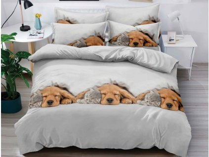 3D povlečení PUPPY DREAMS – světle šedé mikrovlákno s motivem štěňat