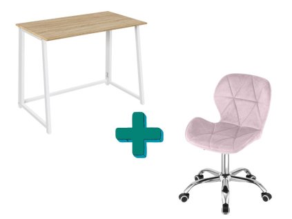 Set ZARIMO bílý stůl a růžové křeslo AVOLA – něžné a stylové řešení pro domácí kancelář.