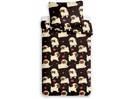 Povlečení z mikrovlákna pro děti PUG LOVE černé s motivem mopslíků