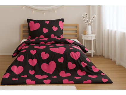 Lenjerie de pat din polybumbac HEART PINK, negru