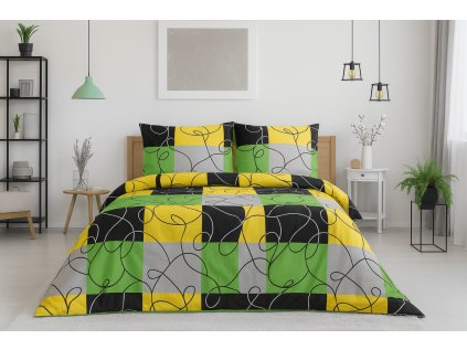 Lenjerie de pat din bumbac pentru 2 paturi CHESS LIME, colorată