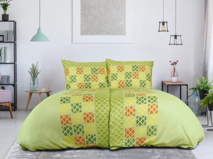 Povlečení z mikrovlákna VELLARI zelené s barevným čtvercovým vzorem