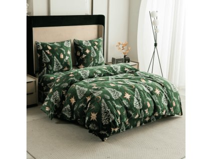 Povlečení mikroplyš GREEN CHRISTMAS zelené se zasněženými stromky