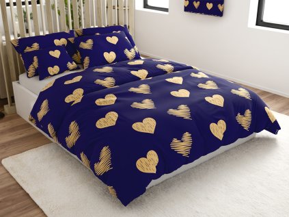 Povlečení z mikrovlákna GOLBINO tmavě modré s oranžovými srdci