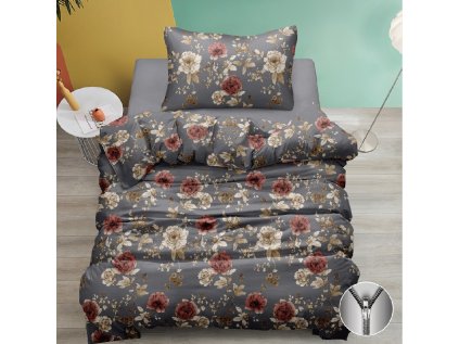 Elegantní bavlněné povlečení BOTANESSE šedé s květinovým vzorem