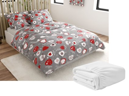 Sada mikroplyšového povlečení VÁNOČNÍ SRDCE šedé + prostěradlo mikroplyš SOFT 180x200 cm bílé, dvoulůžko