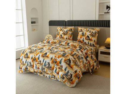 Hřejivé mikroplyšové povlečení AUTUMN VILLAGE barevné s podzimní vesničkou