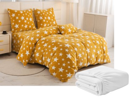Sada mikroplyšového povlečení HVĚZDY žlutooranžové + prostěradlo mikroplyš SOFT 90x200 cm bílé, jednolůžko