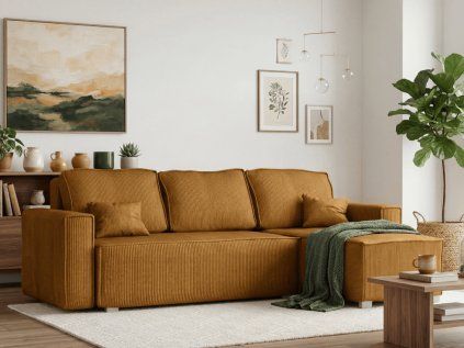 Canapea colt extensibila SMART COSARO mustar, cu colt bilateral + 2 perne CADOU  Poso 001