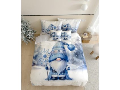 Lenjerie de pat 3D microflanel BLUE GNOME alb + fata de perna 40x50 cm gratuit