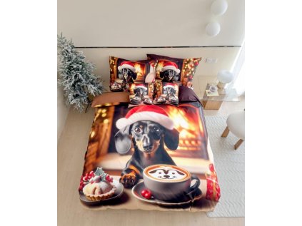 Veselé vánoční povlečení WARM WOOFS s jezevčíkem a hrnkem kakaa