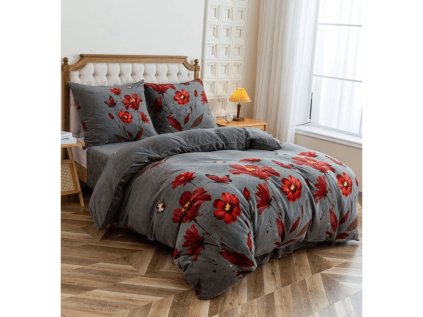 Mikroplyšové povlečení REDFLOWA šedé s červenými květy