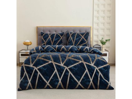 Mikroplyšové povlečení CAVORIS – modré se zlatým geometrickým vzorem