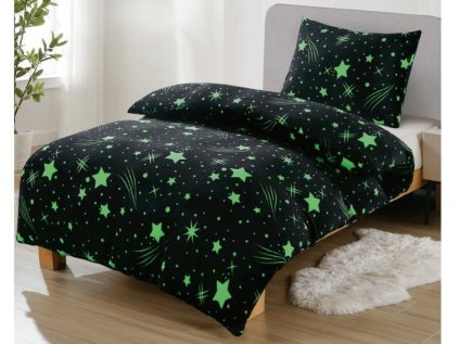 Mikroplyšové povlečení NIGHT STARS tmavě zelené s hvězdami