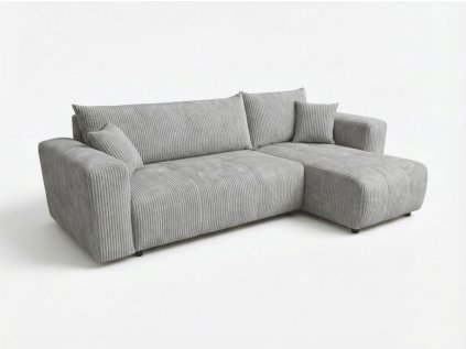 Světle šedá rozkládací rohová pohovka SORELA CORD oboustranná s úložným prostorem a 2 polštářky