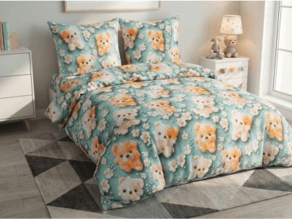 Barevné povlečení z mikrovlákna PUPPIFLORA se štěňátky a květinami