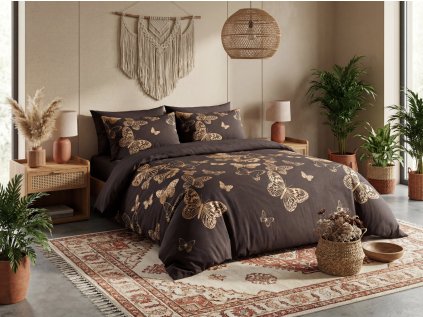 Povlečení z mikrovlákna AURELIS tmavě hnědé se zlatým motýlím motivem