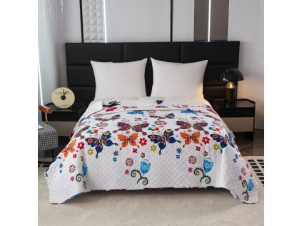 Stylový přehoz na postel BAREVNÝ MOTÝL bílý s pestrobarevnými motýly