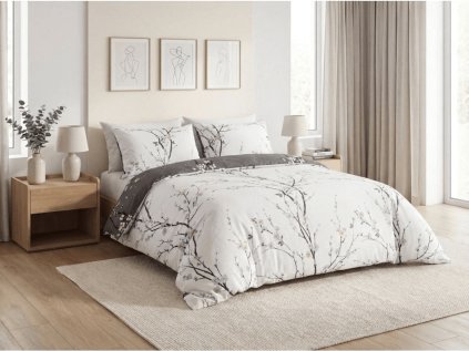 Mikroflanelové povlečení PAVUNI bílé s motivem rozkvetlých větviček