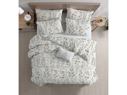 Bílé povlečení z Renforcé bavlny LEAFORA s jemným rostlinným vzorem