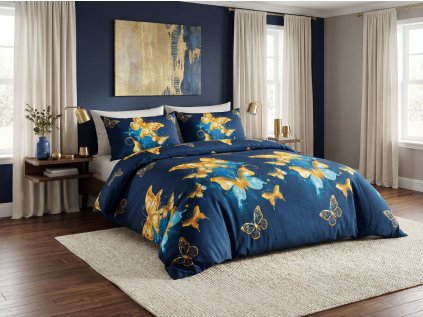 Povlečení z mikrovlákna ROYAL BUTTERFLY modré se zlatými motýly