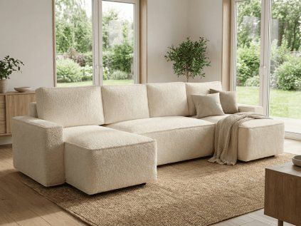 Canapea extensibila in forma de U SMART BOUCLE, crem, 303x140 cm