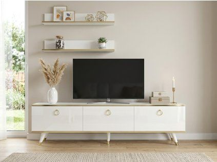 TV stolek BALANCE 150 cm se dvěma nástěnnými policemi bílá/zlatá moderní design